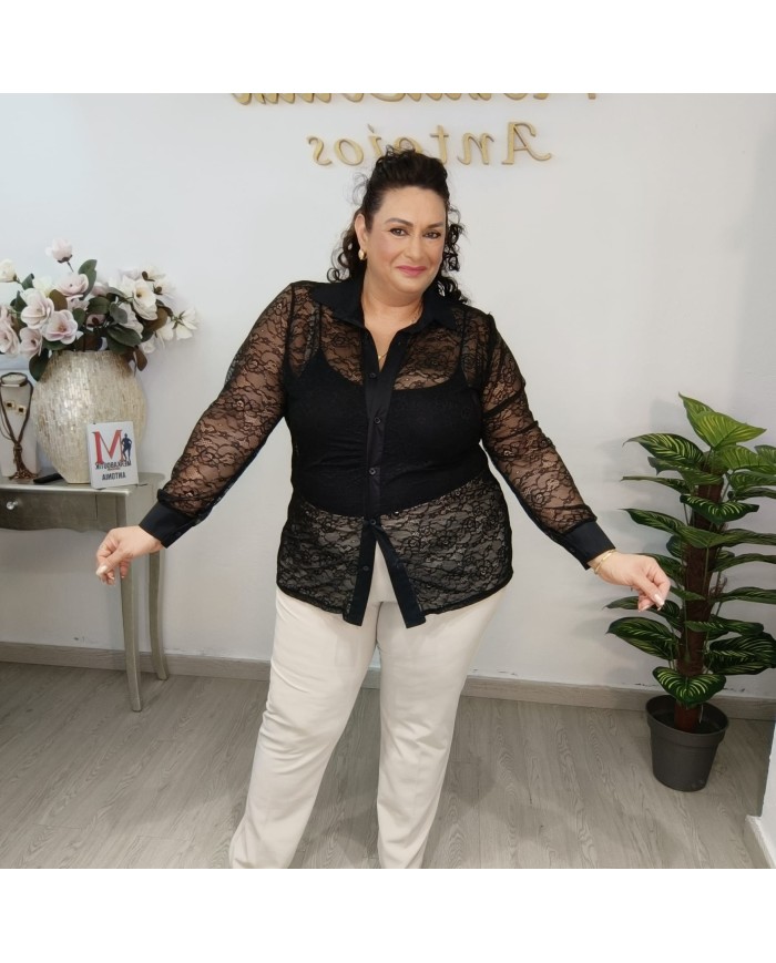 Camisa Encaje Carmele - Tallas Grandes - Blusa Manga Larga