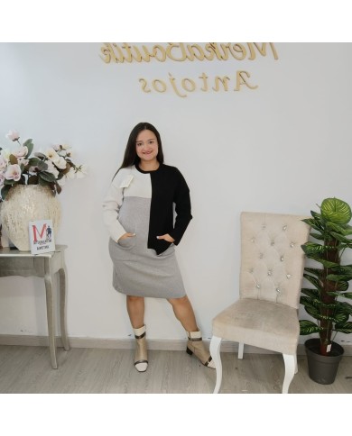 Vestido Mixto Punto Colour Block - Talla Grande Bolsillos