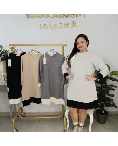 Vestido Maya Punto Bicolor - Talla Grande Contraste Puños