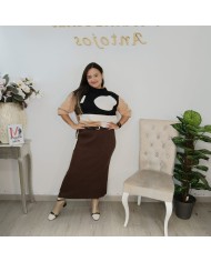 Falda Midi Punto Canalé - Cintura Alta Talla Grande Beige