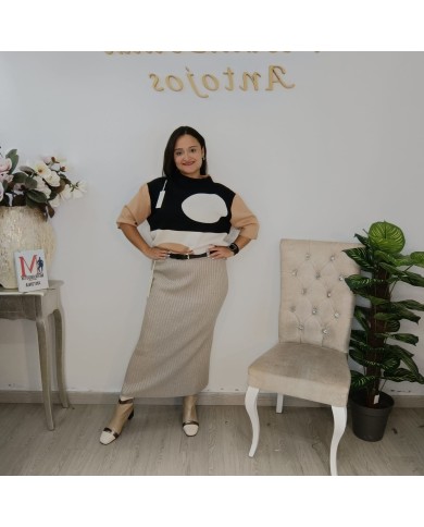 Falda Midi Punto Canalé - Cintura Alta Talla Grande Beige Falda Midi Punto Canalé - Cintura Alta Talla Grande Beige