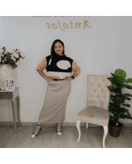 Falda Midi Punto Canalé - Cintura Alta Talla Grande Beige
