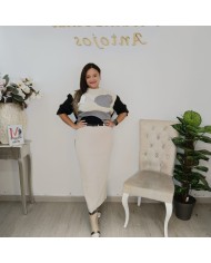 Falda Midi Punto Canalé - Cintura Alta Talla Grande Beige