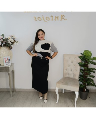 Falda Midi Punto Canalé - Cintura Alta Talla Grande Beige