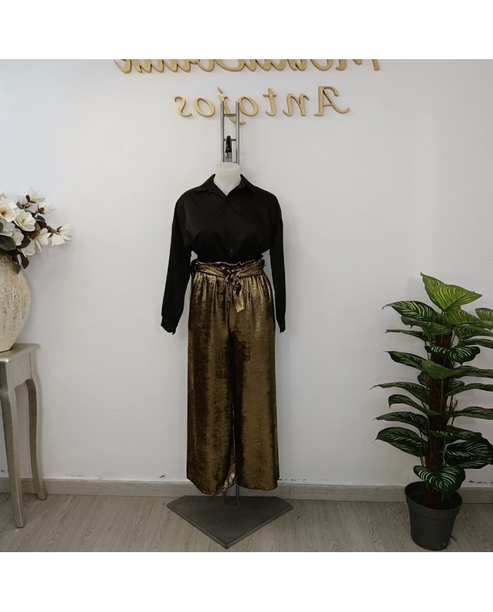 Pantalón Palazzo Fiesta Brillo - Laminado Dorado/Plateado