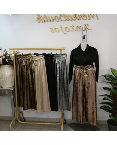 Pantalón Palazzo Fiesta Brillo - Laminado Dorado/Plateado