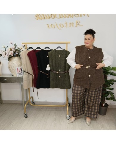 Chaleco Goya de Punto con Botones y Cinturón - Tallas Grandes