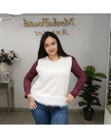 Chaleco Plumas - Jersey Punto Pelo Sintético - Burdeos/Negro