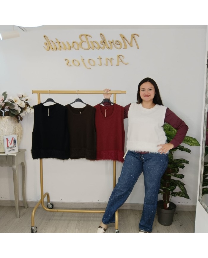 Chaleco Plumas - Jersey Punto Pelo Sintético - Burdeos/Negro