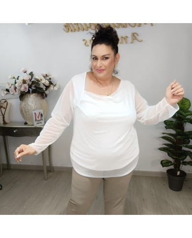 Blusa Gasa Lisa - Cuello Desbocado Transparente Talla Grande