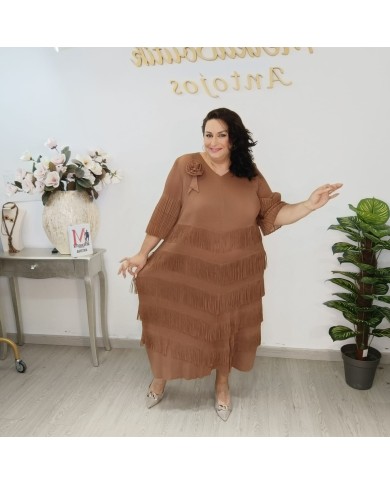Vestido Plisado Flecos Midi - Talla Grande Boho-Chic Vestido Plisado Flecos Midi - Talla Grande Boho-Chic