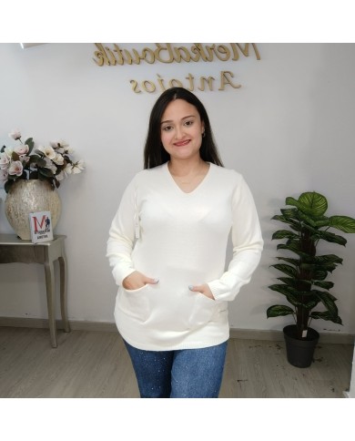 Jersey Pastora Largo Punto - Escote V Talla Grande Bolsillos Jersey Pastora Largo Punto - Escote V Talla Grande Bolsillos