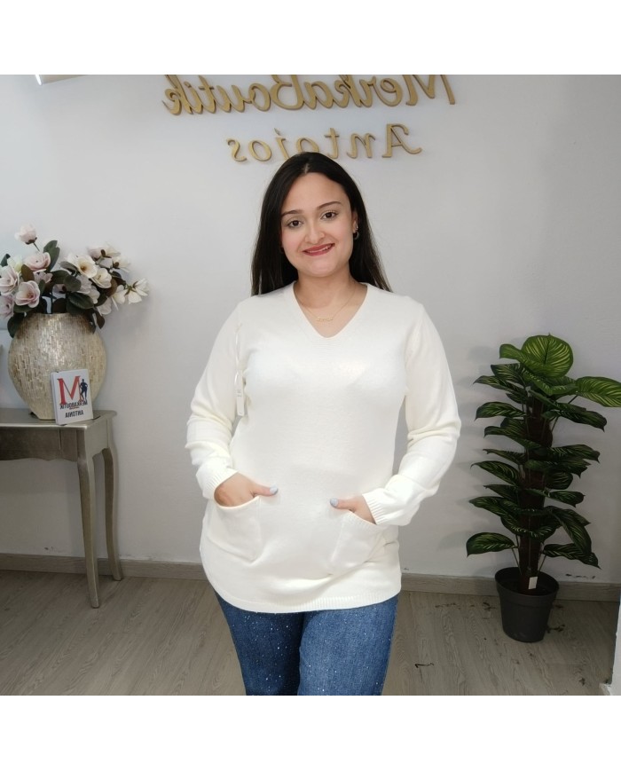 Jersey Pastora Largo Punto - Escote V Talla Grande Bolsillos