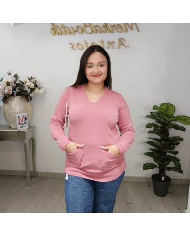 Jersey Pastora Largo Punto - Escote V Talla Grande Bolsillos Jersey Pastora Largo Punto - Escote V Talla Grande Bolsillos