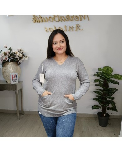 Jersey Pastora Largo Punto - Escote V Talla Grande Bolsillos
