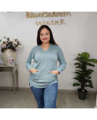 Jersey Pastora Largo Punto - Escote V Talla Grande Bolsillos