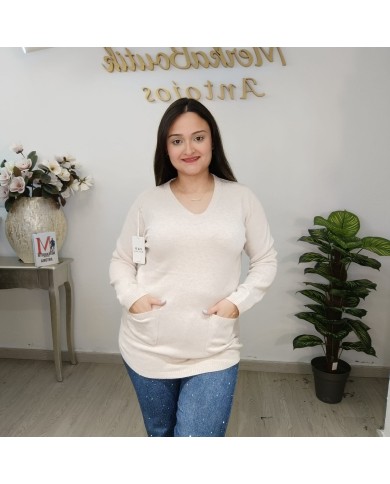 Jersey Pastora Largo Punto - Escote V Talla Grande Bolsillos