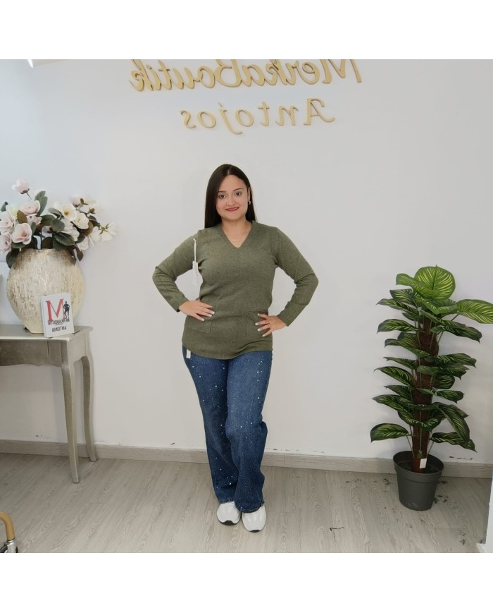 Jersey Pastora Largo Punto - Escote V Talla Grande Bolsillos