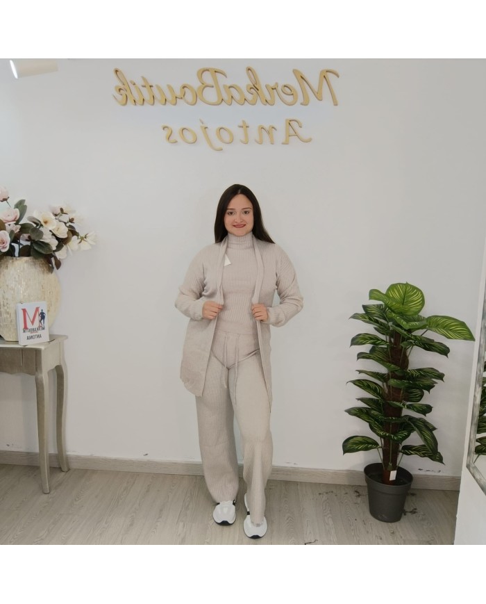 Conjunto 3 Piezas Punto Canalé - Cárdigan Top Pantalón Talla Grande Conjunto 3 Piezas Punto Canalé - Cárdigan Top Pantalón Talla Grande