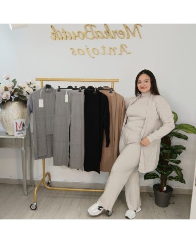 Conjunto 3 Piezas Punto Canalé - Cárdigan Top Pantalón Talla Grande