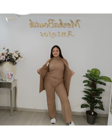 Conjunto 3 Piezas Punto Canalé - Cárdigan Top Pantalón Talla Grande