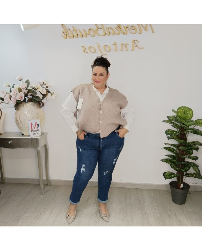 Pantalón Vaquero Estrella Rotos - Tiro Alto Talla Grande