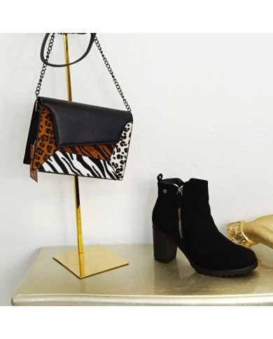 Botín Portugal Negro Tacón Ancho - Botines Doble Cremallera Botín Portugal Negro Tacón Ancho - Botines Doble Cremallera