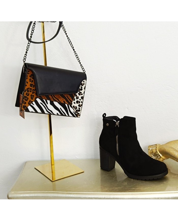 Botín Portugal Negro Tacón Ancho - Botines Doble Cremallera