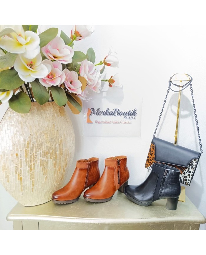 Botín Boa Tacón Bloque - Doble Cremallera - Efecto Piel Grabada