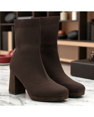 Botín Calcetín Marrón - Tacón Bloque y Plataforma de Punto Botín Calcetín Marrón - Tacón Bloque y Plataforma de Punto