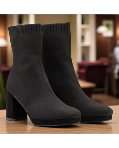 Botín Calcetín Marrón - Tacón Bloque y Plataforma de Punto