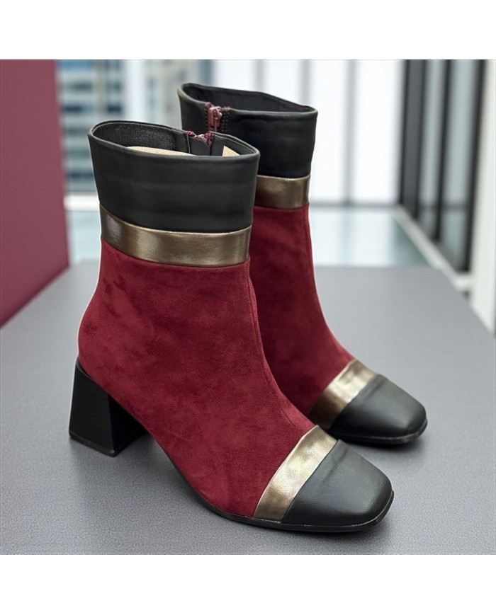 Botín Tricolor Tacón Bloque - Rojo Vino Negro y Dorado Mujer