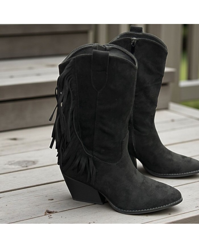 Botín Flecos Mujer Ante Beige - Estilo Cowboy Tacón Cubano