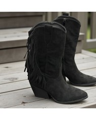 Botín Flecos Mujer Ante Beige - Estilo Cowboy Tacón Cubano