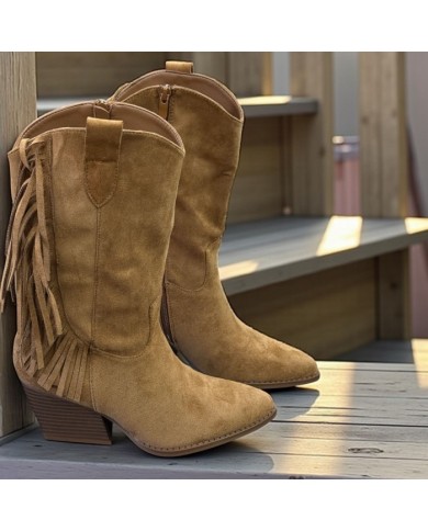 Botín Flecos Mujer Ante Beige - Estilo Cowboy Tacón Cubano