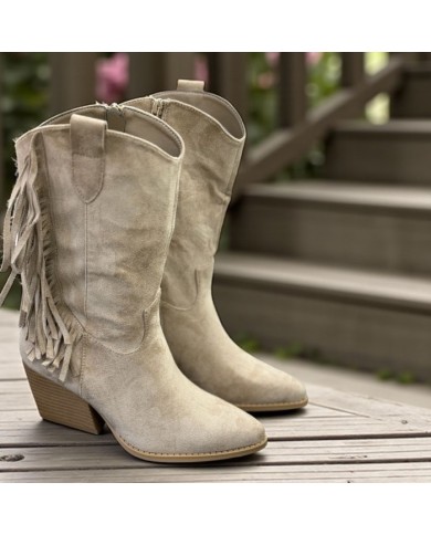 Botín Flecos Mujer Ante Beige - Estilo Cowboy Tacón Cubano