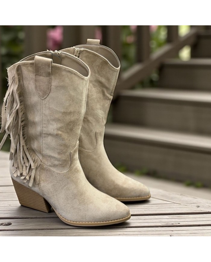 Botín Flecos Mujer Ante Beige - Estilo Cowboy Tacón Cubano