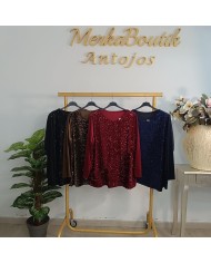 Blusa Terciopelo Lentejuelas - Fiesta Manga Larga - Rojo Negro