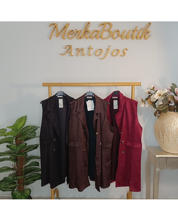 Chaleco Antelina Sastre Largo - Doble Botón Dorado - Negro Burdeos