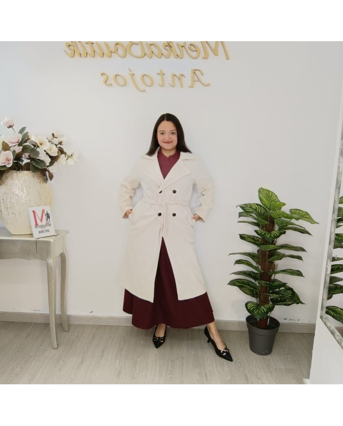 Gabardina Paño Mini - Abrigo Largo Cinturón - Crudo Camel