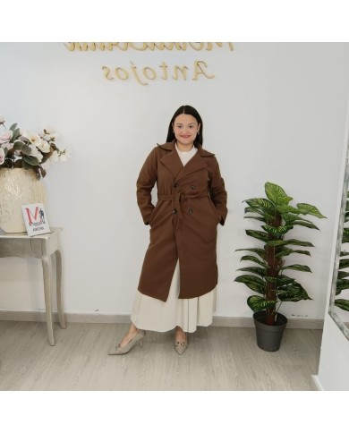 Gabardina Paño Mini - Abrigo Largo Cinturón - Crudo Camel