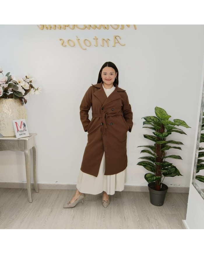 Gabardina Paño Mini - Abrigo Largo Cinturón - Crudo Camel