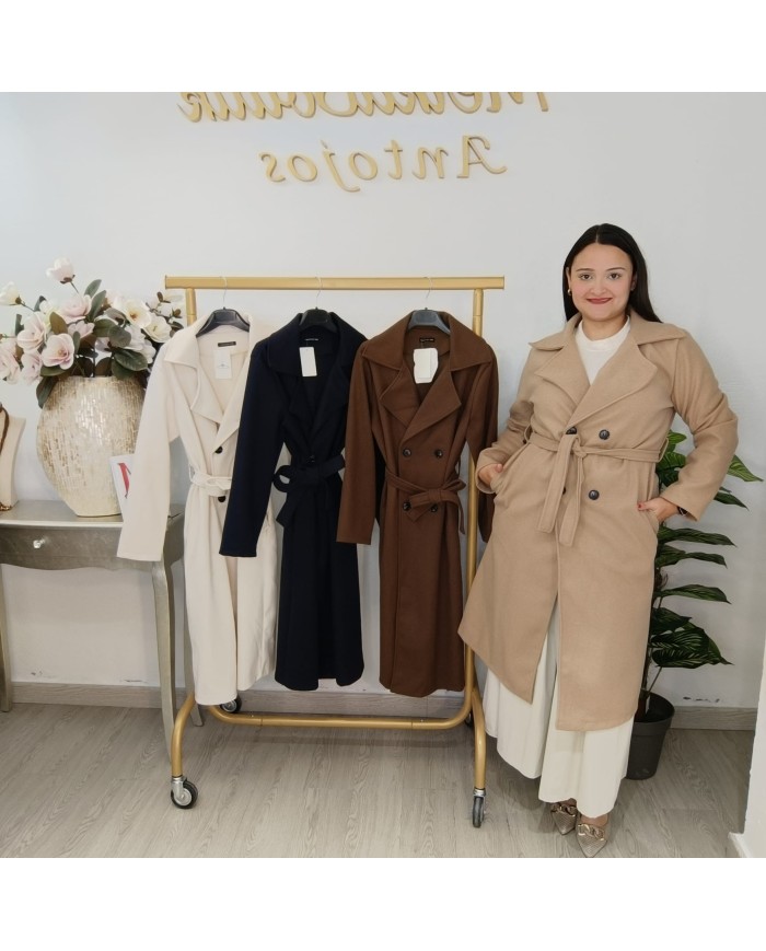 Gabardina Paño Mini - Abrigo Largo Cinturón - Crudo Camel