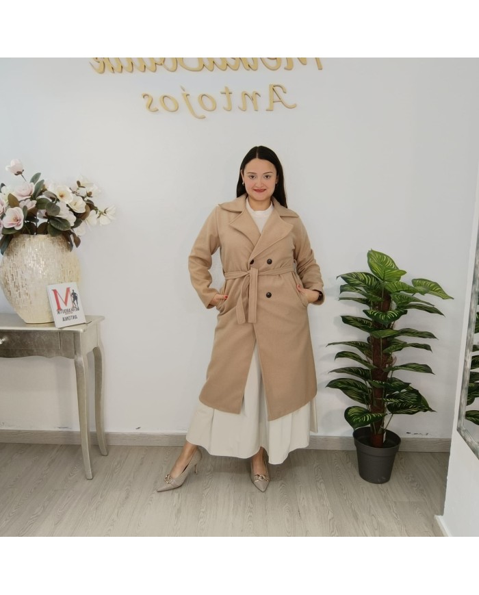Gabardina Paño Mini - Abrigo Largo Cinturón - Crudo Camel