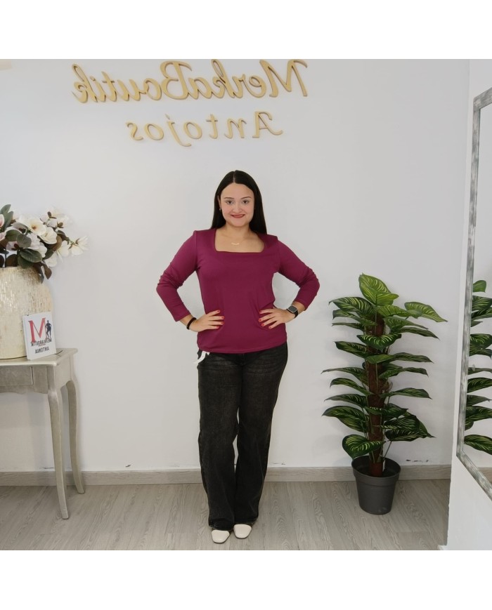 Camiseta Licra Escote Cuadrado - Top Manga Larga Ajustado