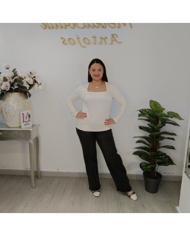 Camiseta Licra Escote Cuadrado - Top Manga Larga Ajustado