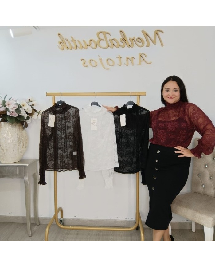 Blusa Encaje SANDRA Cuello Alto | Transparente | Antojos