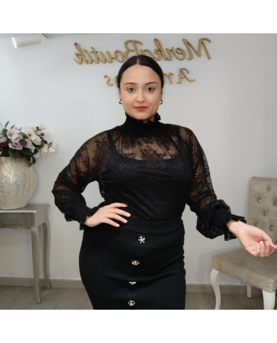 Blusa Encaje SANDRA Cuello Alto | Transparente | Antojos