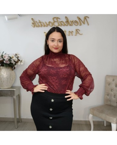Blusa Encaje SANDRA Cuello Alto | Transparente | Antojos