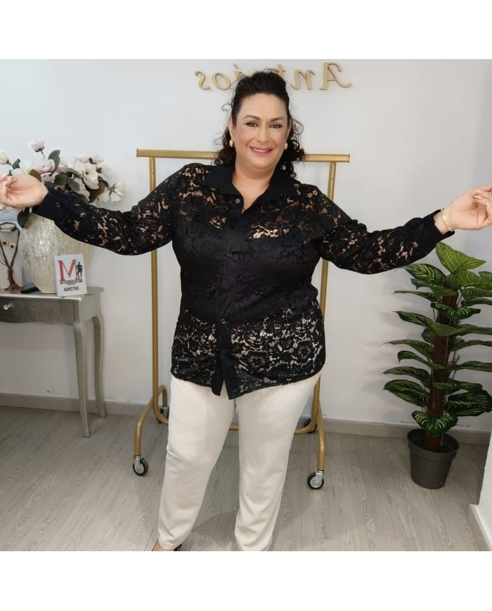 Camisa ENCAJE Negro | Transparente y Cuello Camisero | Antojos